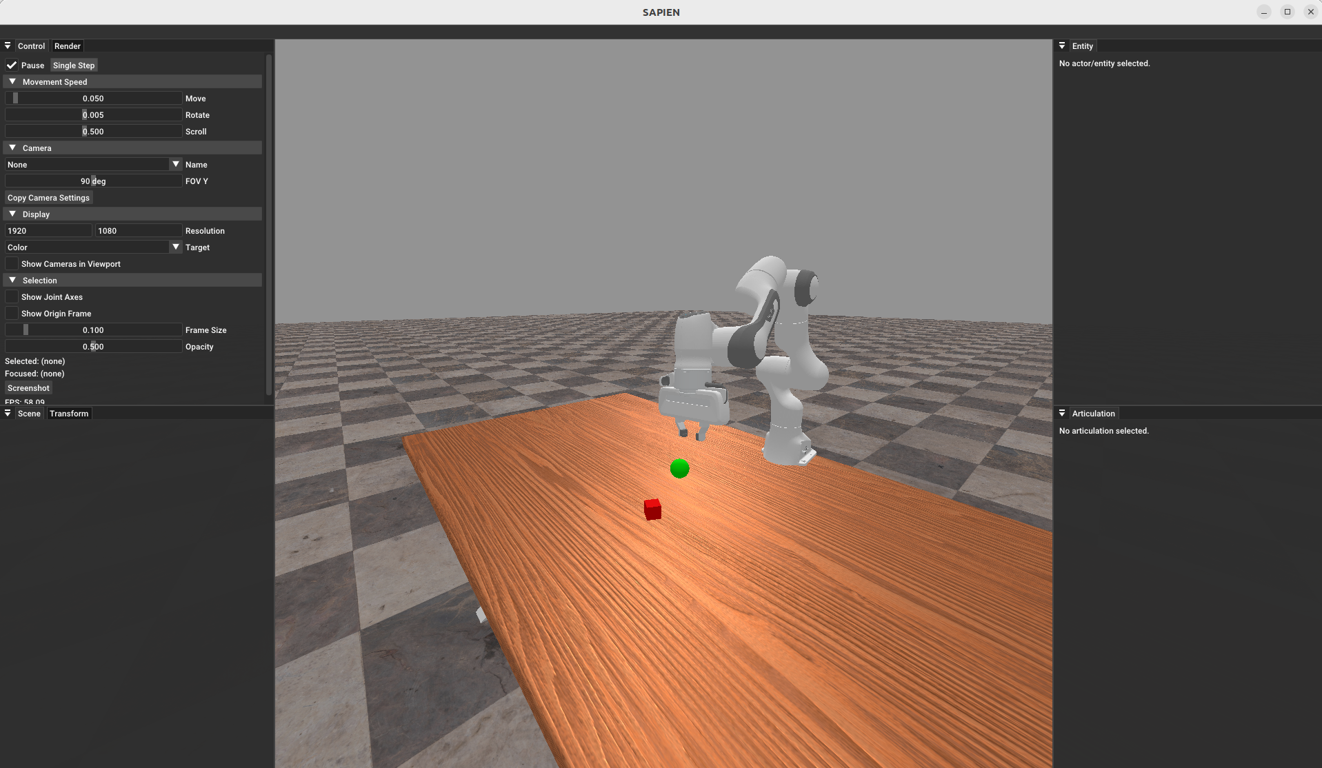 SAPIEN GUI showing the PickCube task